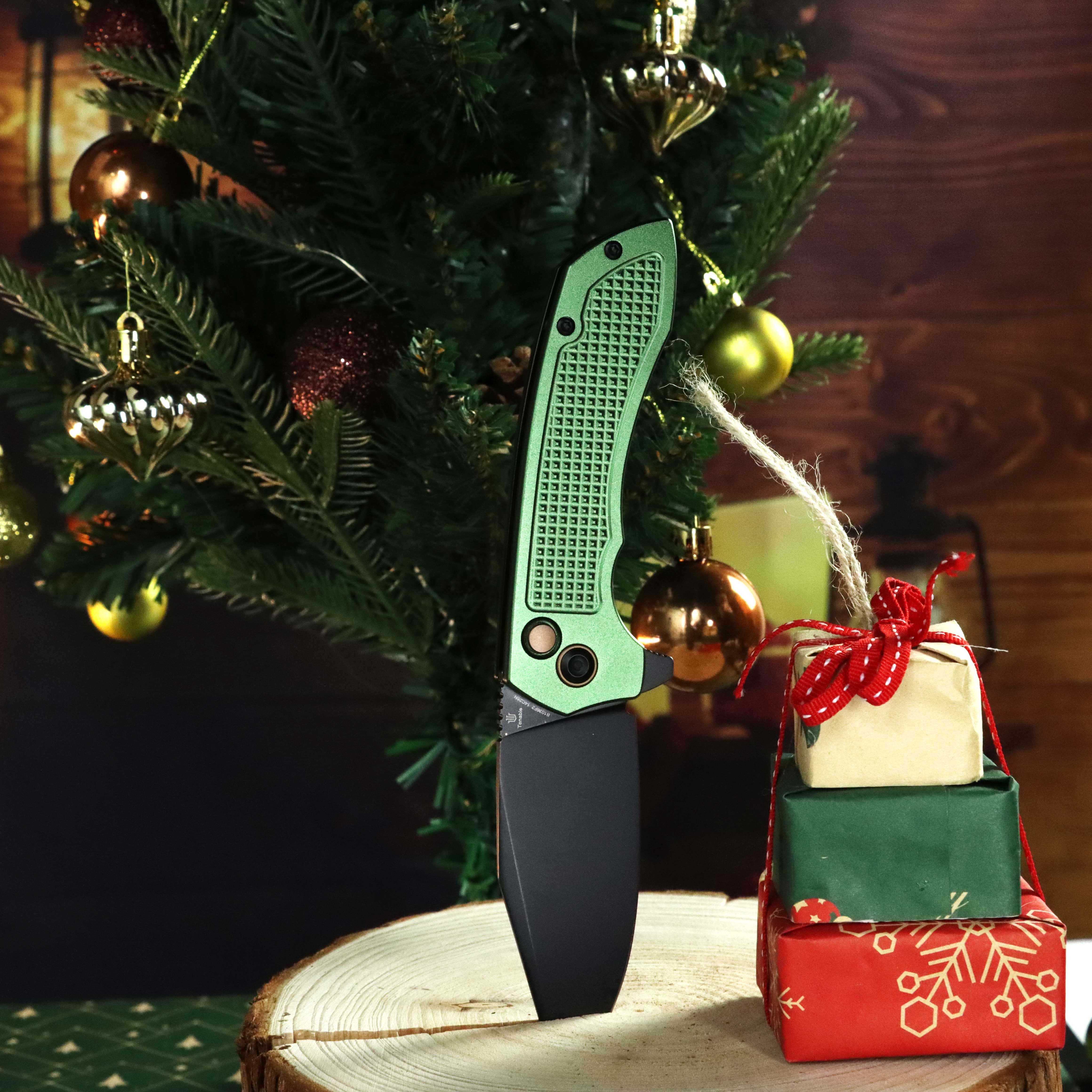Entity Button Lock Folding Knife - 3.52'' Blackwash 14C28N Blade | Dark Green Aluminum Handle| Nalu Knives - B1036F2 - Image 10