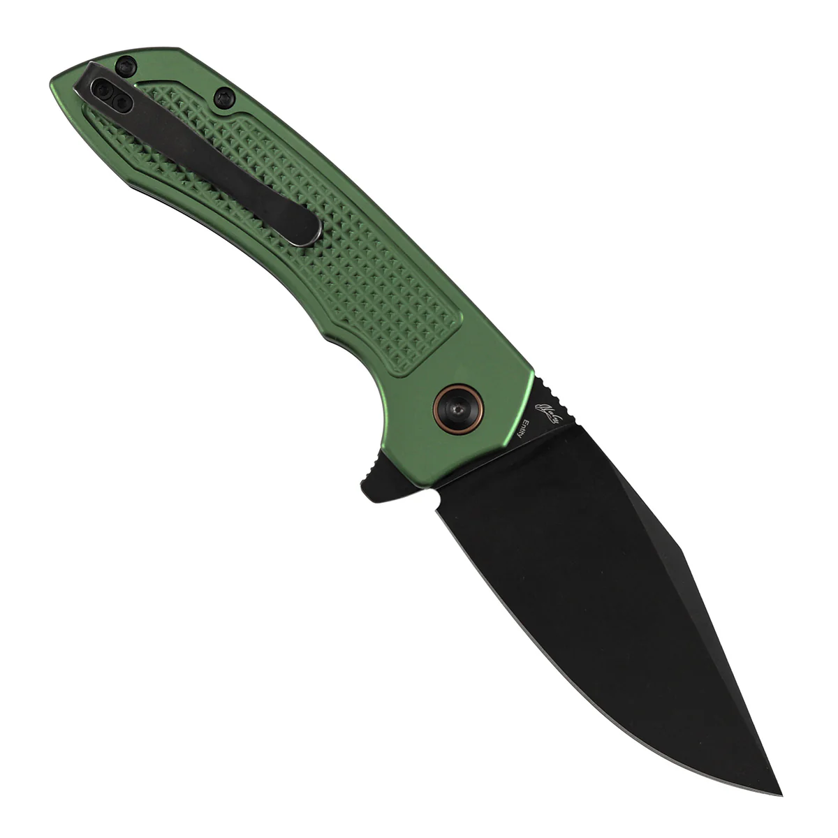 Entity Button Lock Folding Knife - 3.52'' Blackwash 14C28N Blade | Dark Green Aluminum Handle| Nalu Knives - B1036F2 - Image 3