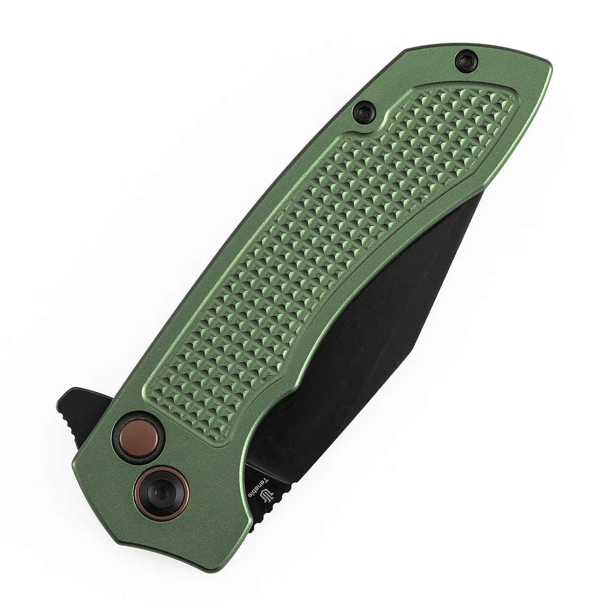 Entity Button Lock Folding Knife - 3.52'' Blackwash 14C28N Blade | Dark Green Aluminum Handle| Nalu Knives - B1036F2 - Image 6