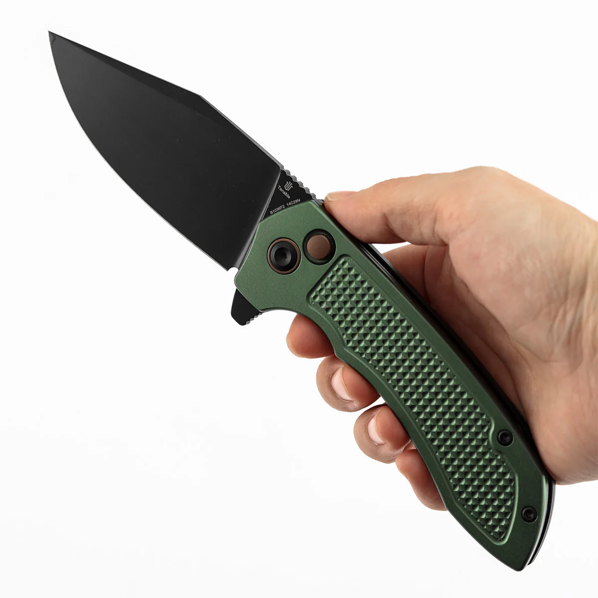 Entity Button Lock Folding Knife - 3.52'' Blackwash 14C28N Blade | Dark Green Aluminum Handle| Nalu Knives - B1036F2 - Image 9