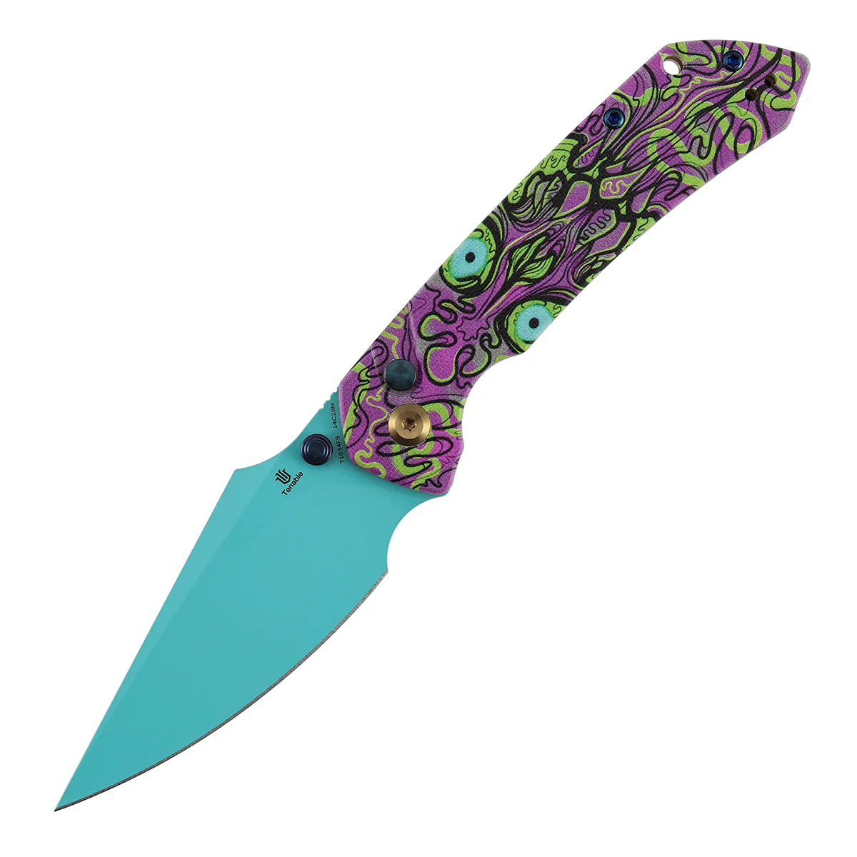 Tenable Fenrir Button Lock Knife | Jade G10 with Purple Undead Print Handle | 3.45" Blue Coated 14C28N Blade| Sparrow Knife Design | T1034F9 - Image 2