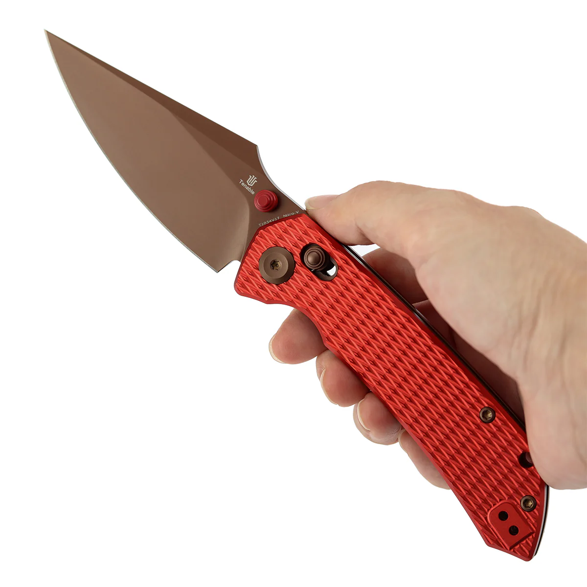 Tenable Fenrir Cross Bar Lock Folding Knife| 3.48'' Rose Gold Nitro V Blade | Red Anodized Aluminum with Diamond Pattern Handle | Sparrow Knife Design| T1034V17 - Image 10