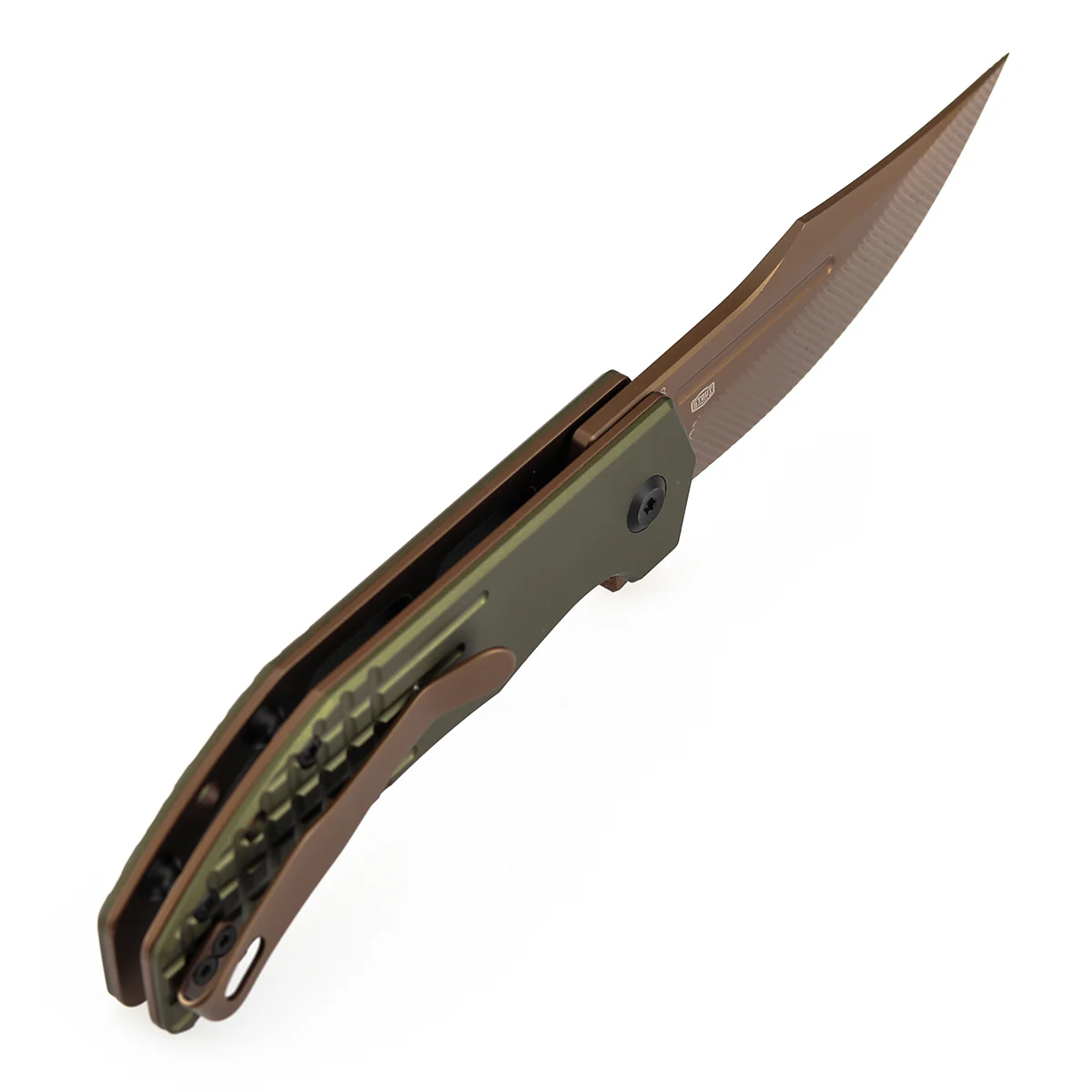 Tenable Orion Flipper Folding Knife |  3.07" Rose Gold Nitro V with CNC Milling Blade | Green Aluminum Handle | JB Stout Design | B1089C2 - Image 5