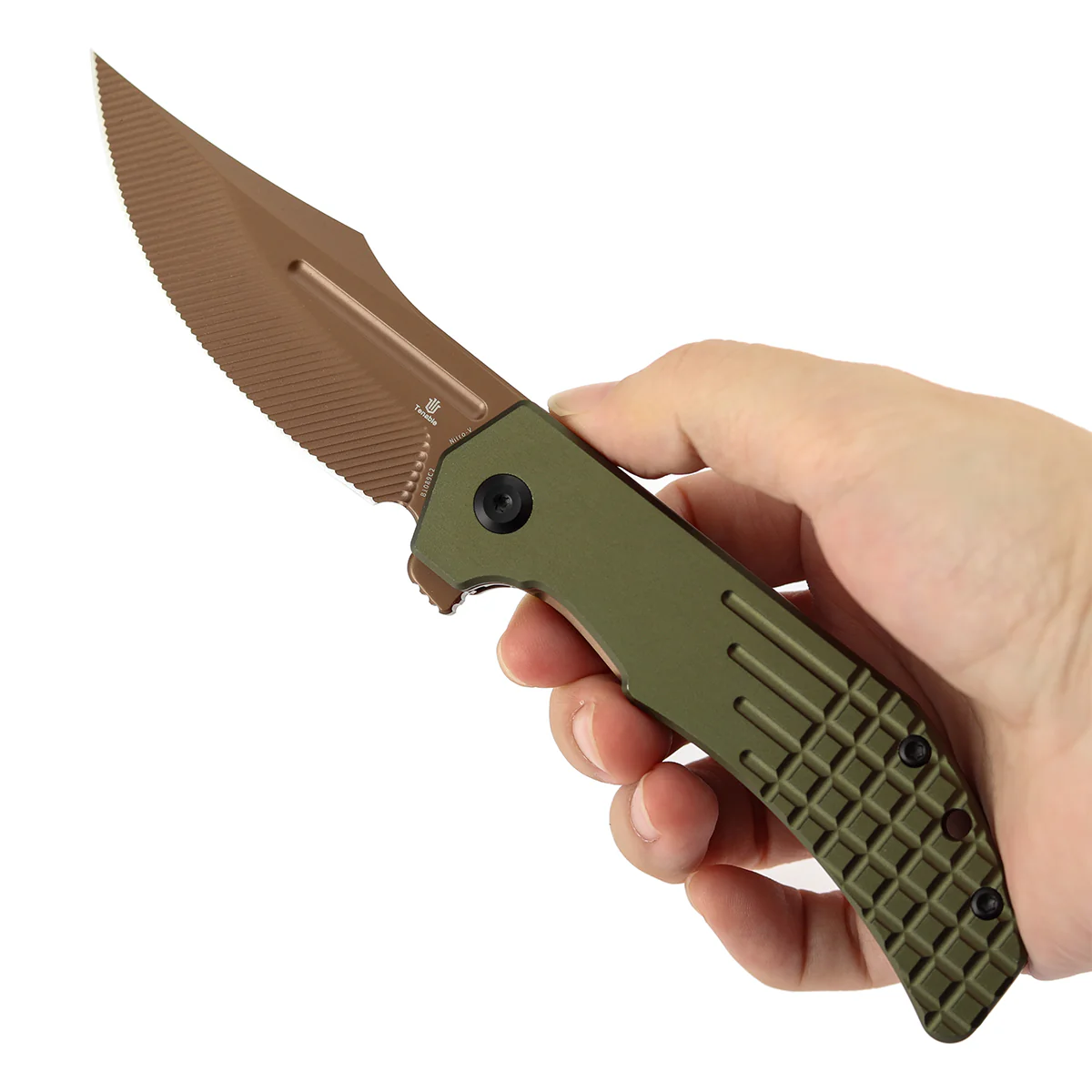 Tenable Orion Flipper Folding Knife |  3.07" Rose Gold Nitro V with CNC Milling Blade | Green Aluminum Handle | JB Stout Design | B1089C2 - Image 9