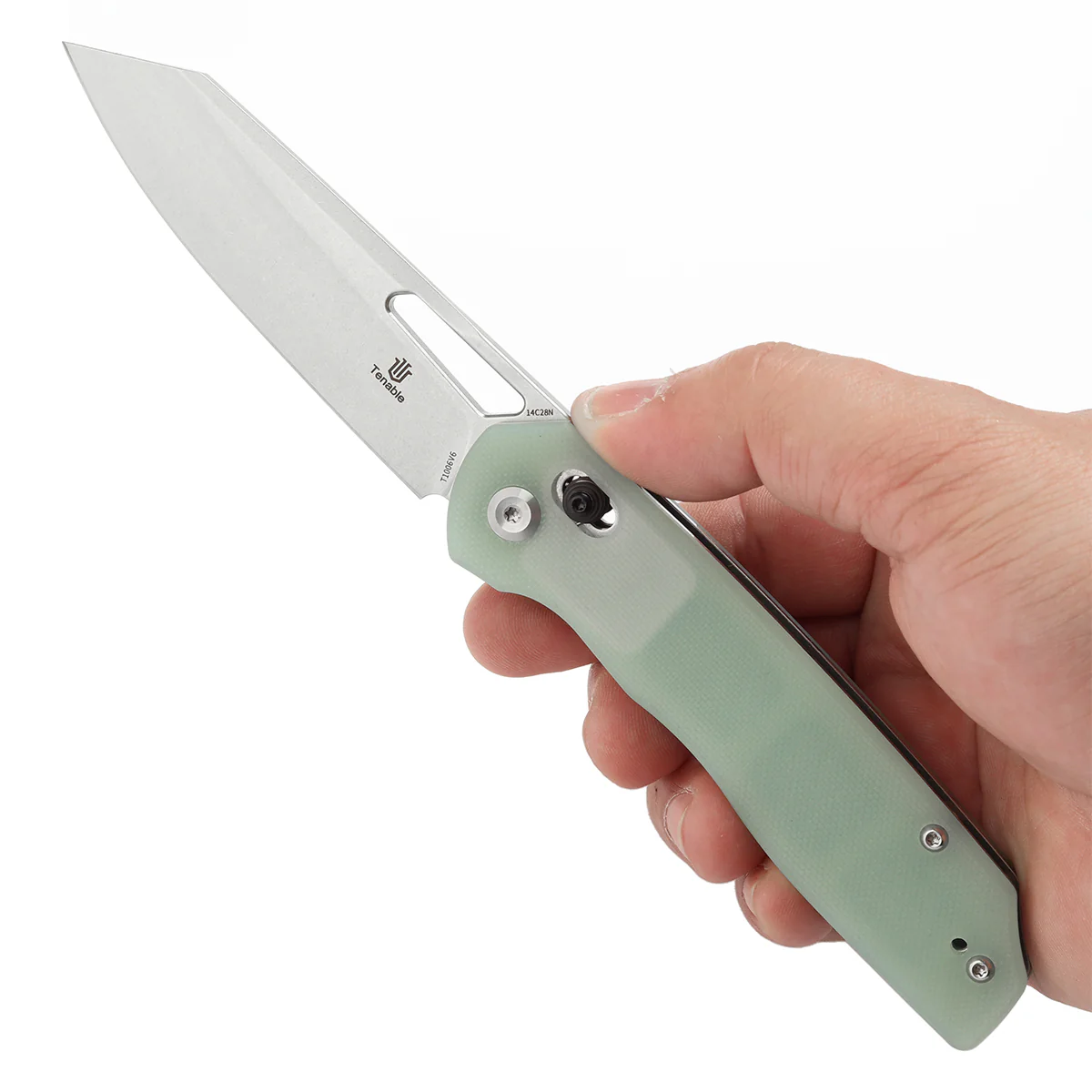 Tenable Shard | Cross Bar Lock Folding Knife | 3.47'' Stonewashed 14C28N Blade | Jade G10 Handle | Kim Ning Design | T1006V6 - Image 9