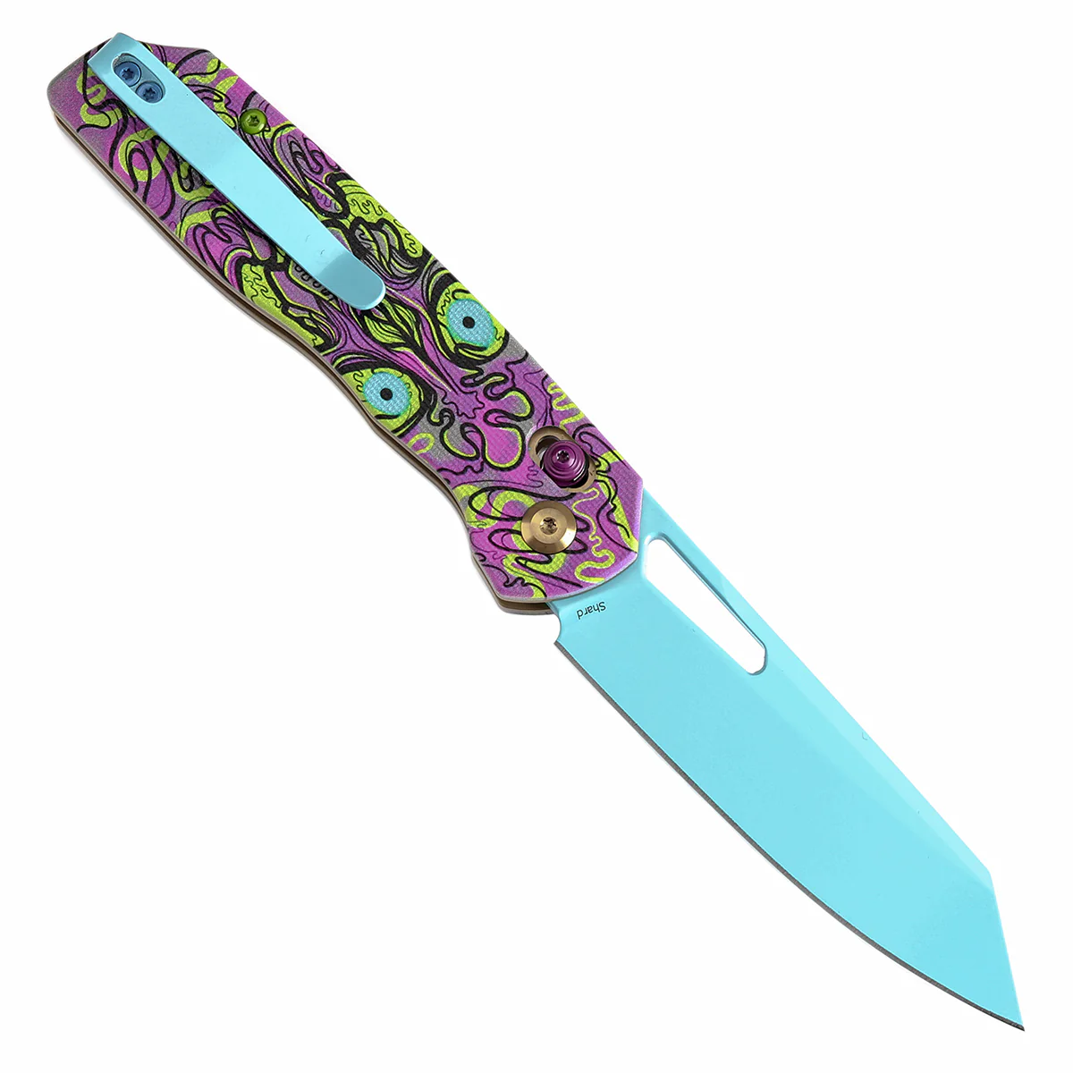 Tenable Shard | Cross Bar Lock Folding Knife | 3.47'' Blue Coated 14C28N Blade | Jade G10 with Purple Undead Print Handle | Kim Ning Design | T1006V9 - Image 3