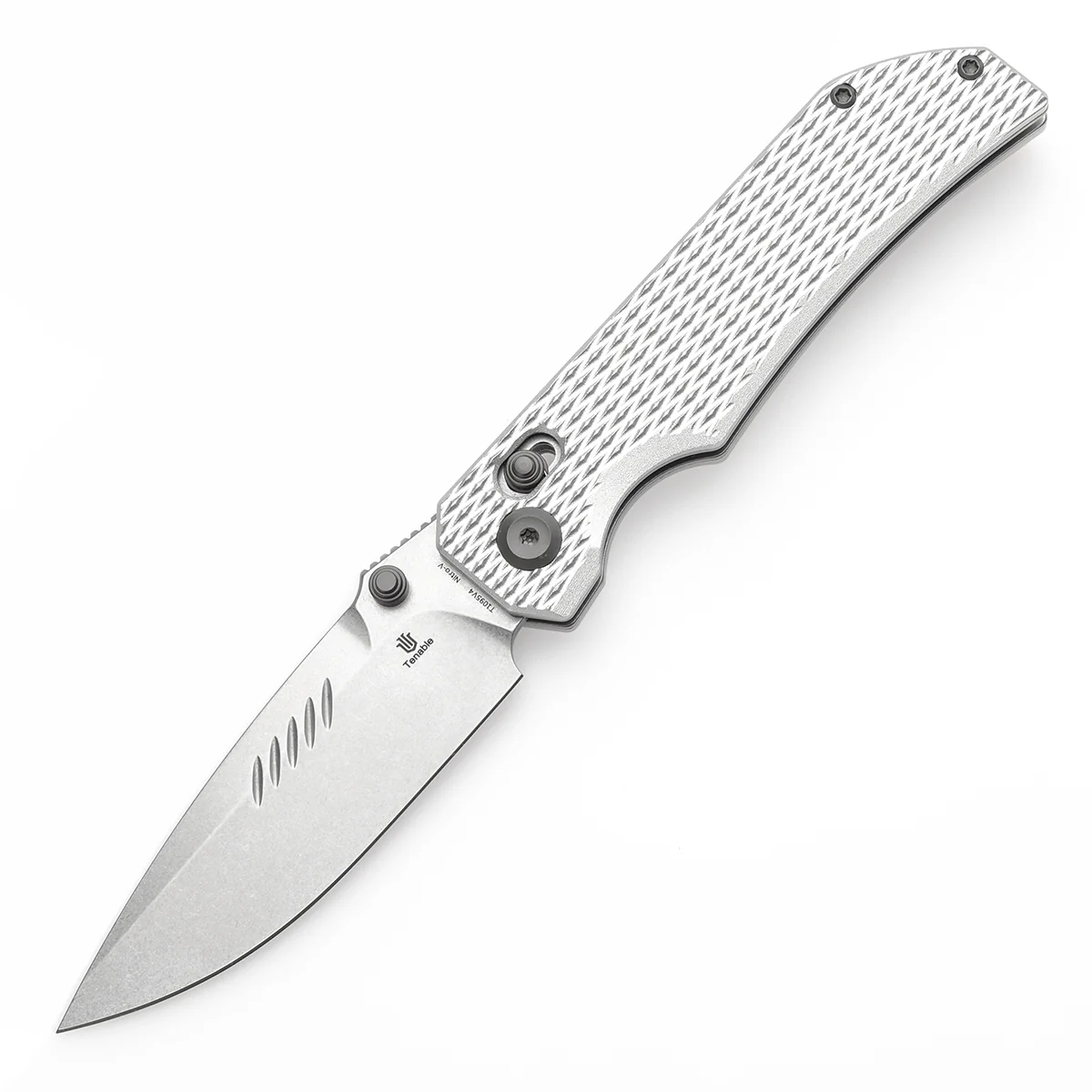 Tenable Eaglestrike Cross Bar Lock Folding Knife Silver Anodized Aluminum with Diamond Pattern Handle (3.73'' Stonewashed Nitro-V Blade) James Lowe Design-T1095V4 - Image 2