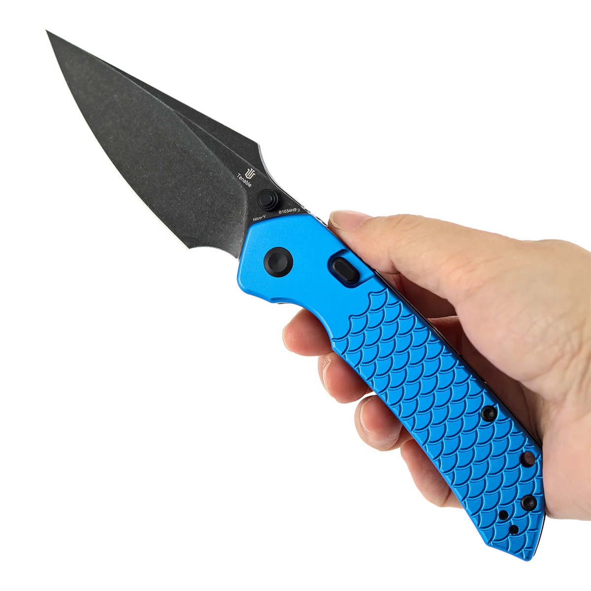 Tenable Fenrir Top Liner Lock Folding Knife| | 3.48“ Blackwash Nitro V Blade | Dark Blue Anodized Aluminum with  Fishscale Texture Handle | Sparrow Knife Design | B1034H92 - Image 9