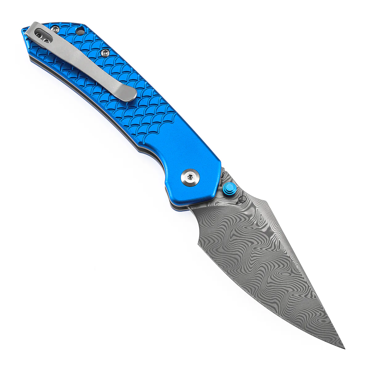 Tenable Fenrir Top Liner Lock Folding Knife| Dark Blue Anodized Aluminum with  Fishscale Texture Handle | 3.48“ Damascus Blade | Sparrow Knife Design | B1034H9 - Image 3