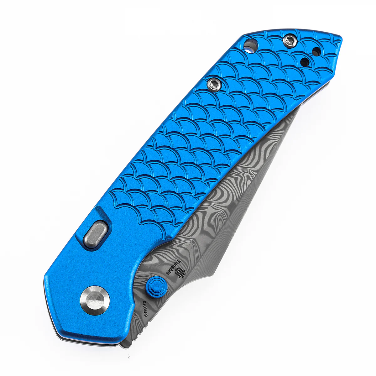 Tenable Fenrir Top Liner Lock Folding Knife| Dark Blue Anodized Aluminum with  Fishscale Texture Handle | 3.48“ Damascus Blade | Sparrow Knife Design | B1034H9 - Image 6