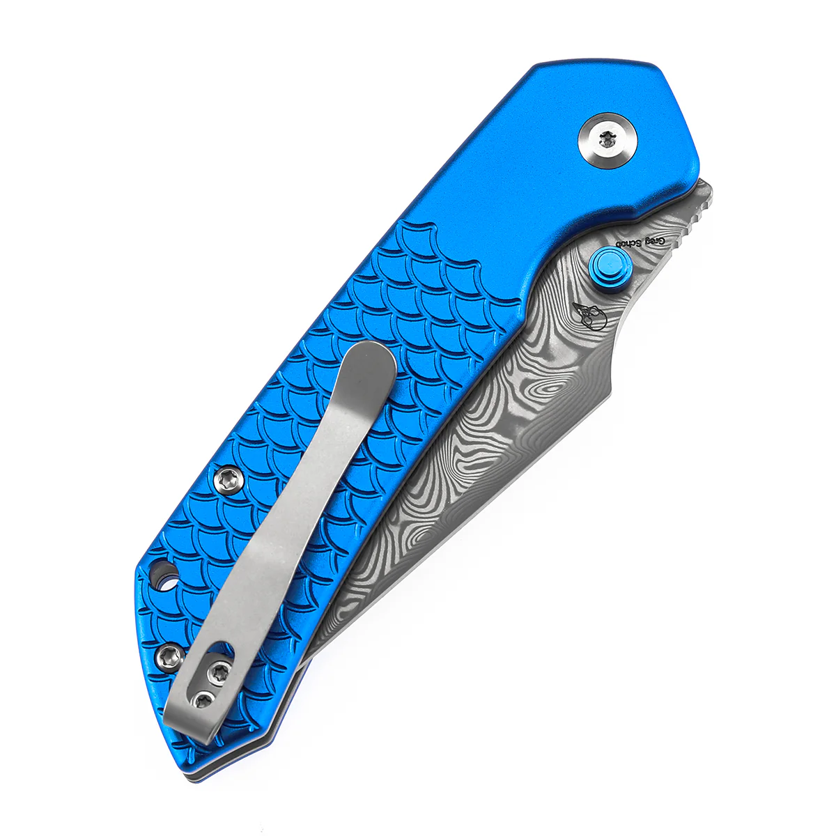 Tenable Fenrir Top Liner Lock Folding Knife| Dark Blue Anodized Aluminum with  Fishscale Texture Handle | 3.48“ Damascus Blade | Sparrow Knife Design | B1034H9 - Image 7