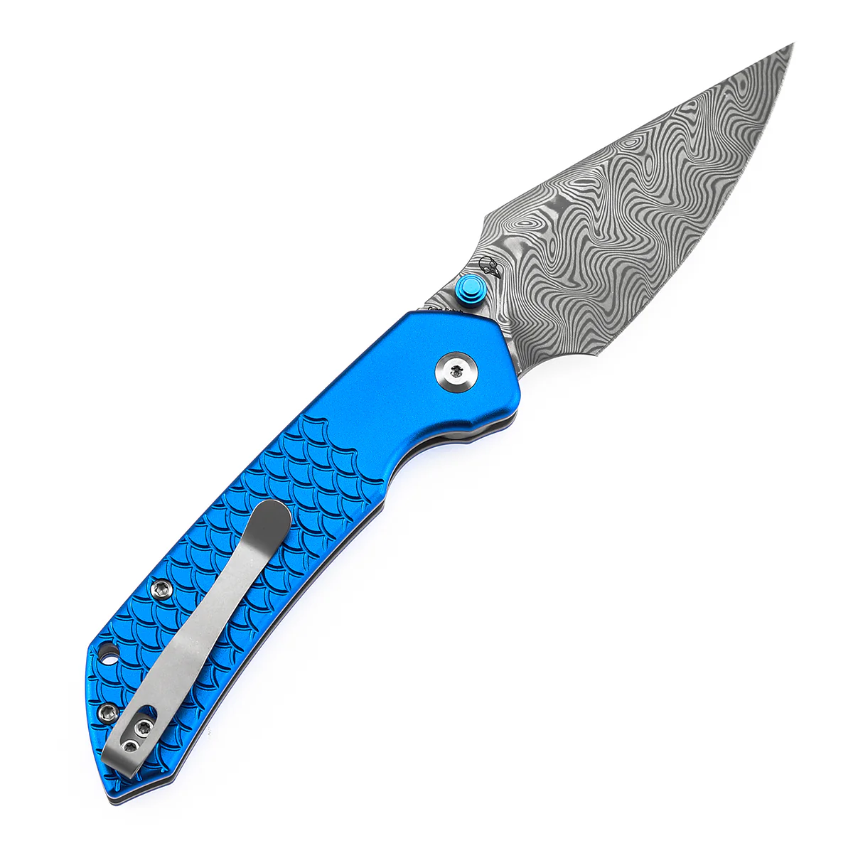 Tenable Fenrir Top Liner Lock Folding Knife| Dark Blue Anodized Aluminum with  Fishscale Texture Handle | 3.48“ Damascus Blade | Sparrow Knife Design | B1034H9 - Image 8