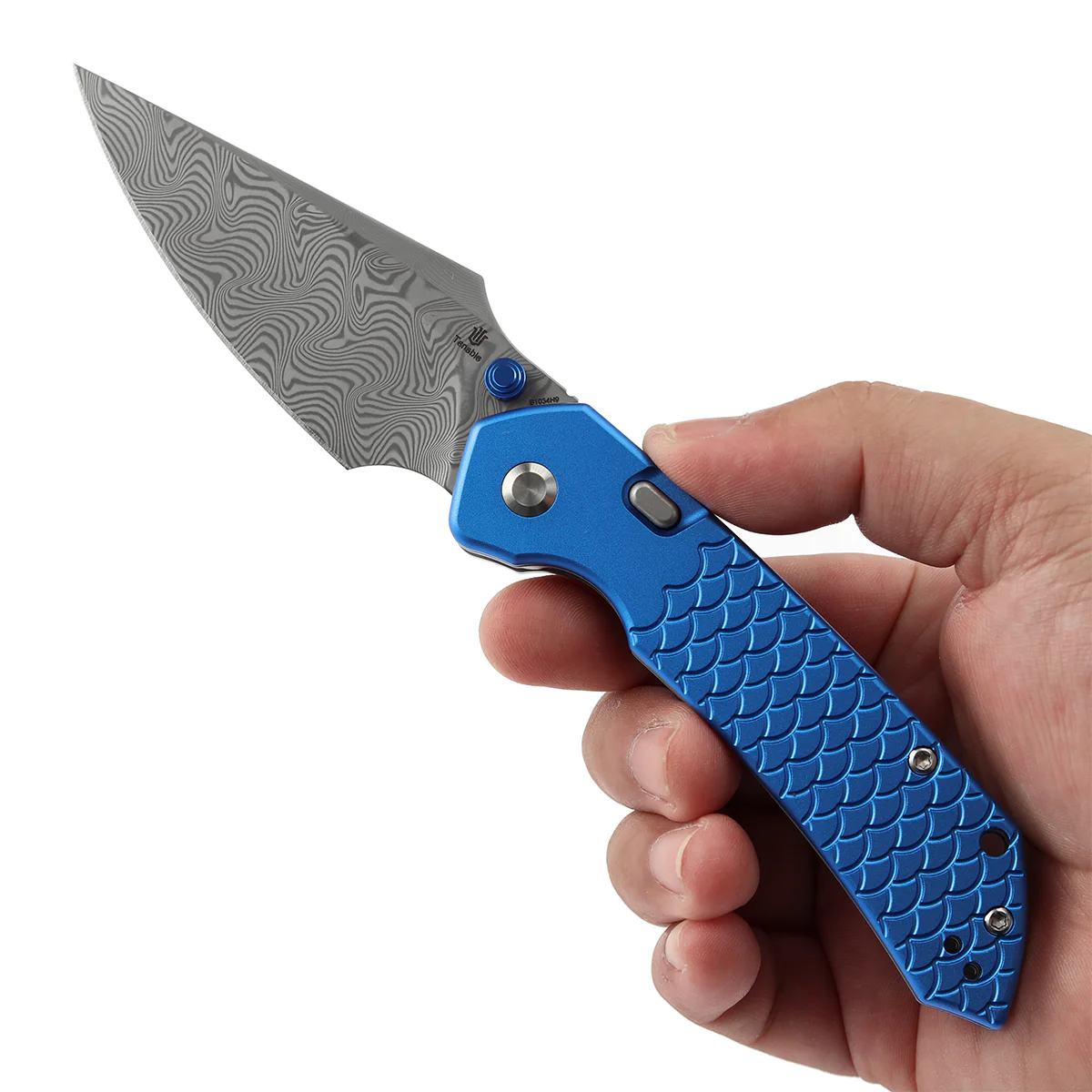 Tenable Fenrir Top Liner Lock Folding Knife| Dark Blue Anodized Aluminum with  Fishscale Texture Handle | 3.48“ Damascus Blade | Sparrow Knife Design | B1034H9 - Image 9