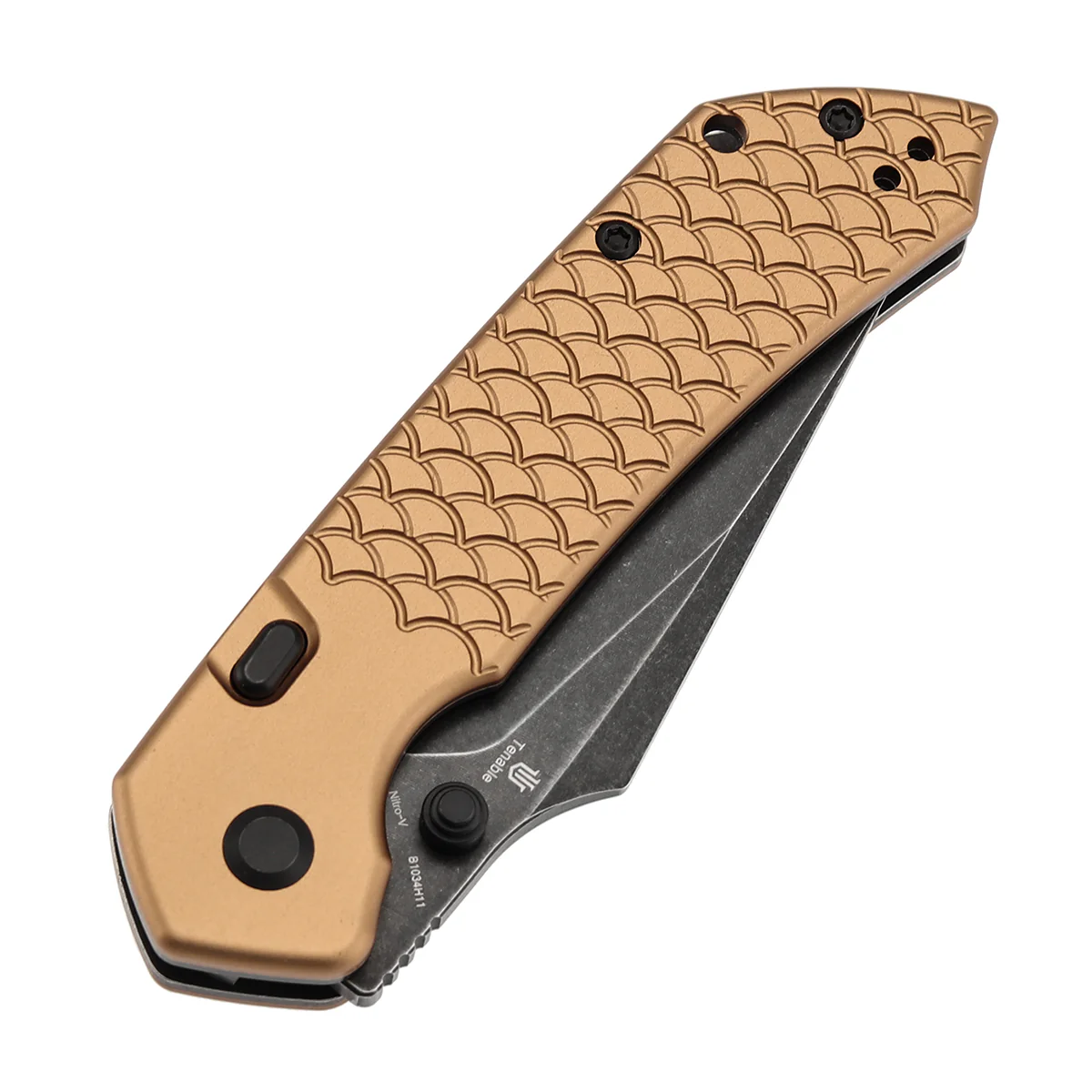 Tenable Fenrir Top Liner Lock Folding Knife|  3.4“ Blackwashed Nitro-V Blade | Bronze Aluminum with Fishscale Texture Handle | Sparrow Knife Design | B1034H11 - Image 6