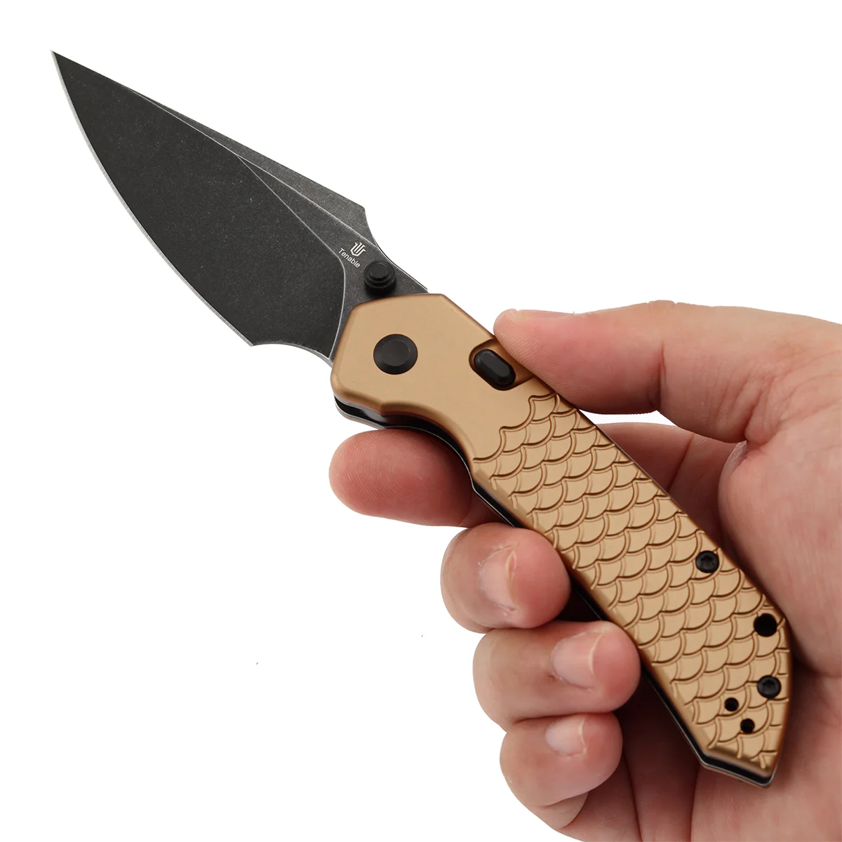 Tenable Fenrir Top Liner Lock Folding Knife|  3.4“ Blackwashed Nitro-V Blade | Bronze Aluminum with Fishscale Texture Handle | Sparrow Knife Design | B1034H11 - Image 9