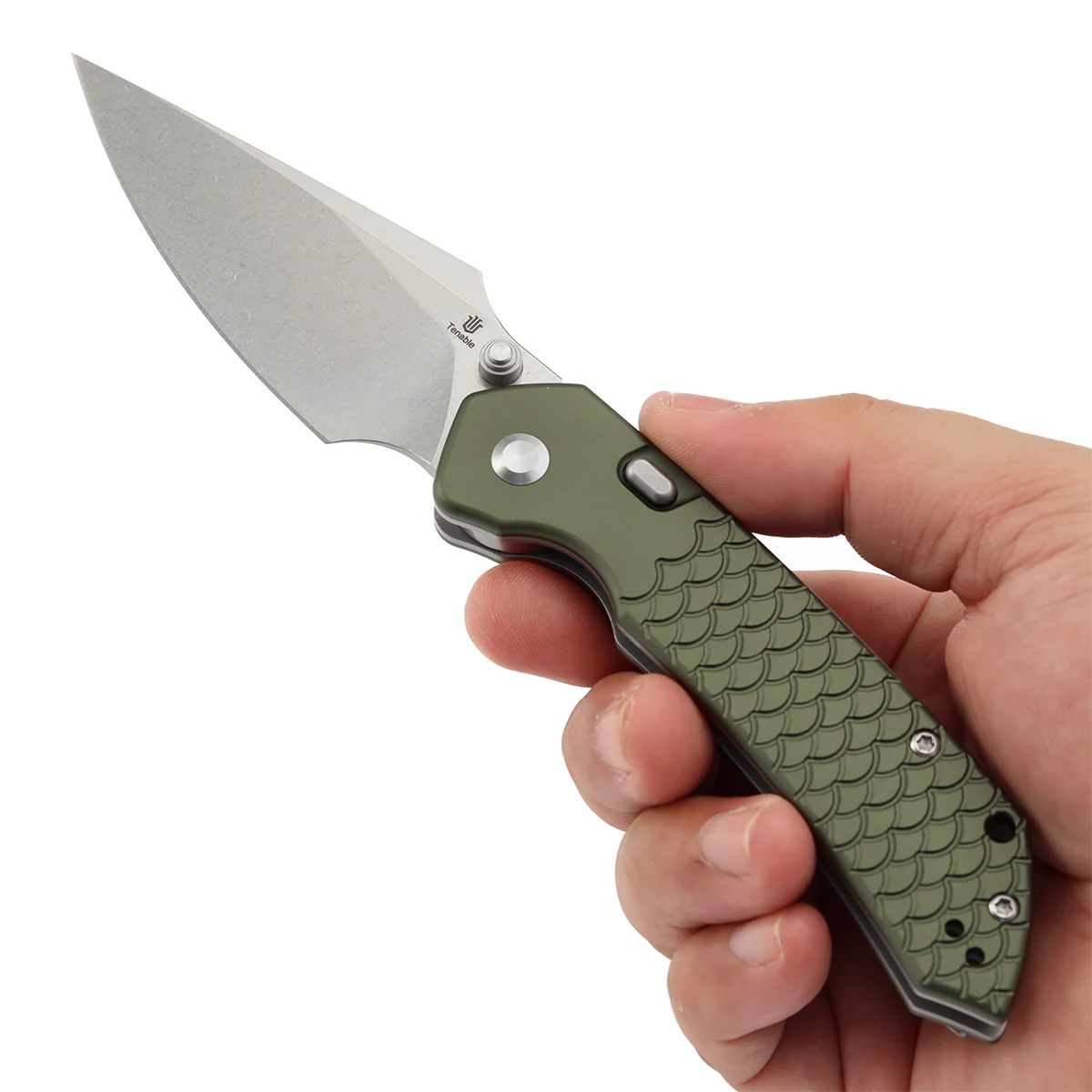 Tenable Fenrir Top Liner Lock Folding Knife| 3.4“ Stonewashed Nitro-V Blade | Green Anodized Aluminum with  Fishscale Texture Handle | Sparrow Knife Design | B1034H7 - Image 9
