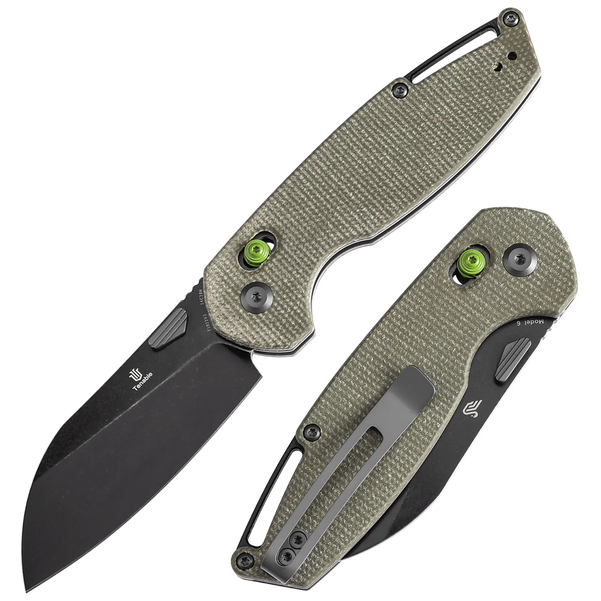 Tenable Model 6 Cross Bar Lock | Green Micarta Handle | 3.1" Blackwash 14C28N Blade| Nick Swan Design--T1022V2