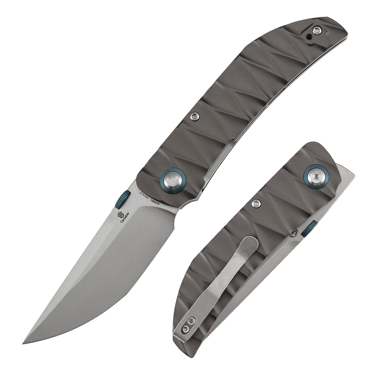 Tenable Tarkin Liner Knife | 3.4" Stonewashed Nitro-V Blade | Gray Aluminum with Faceted Wave Texture Handle | Matthew Christensen Design | B1078A1