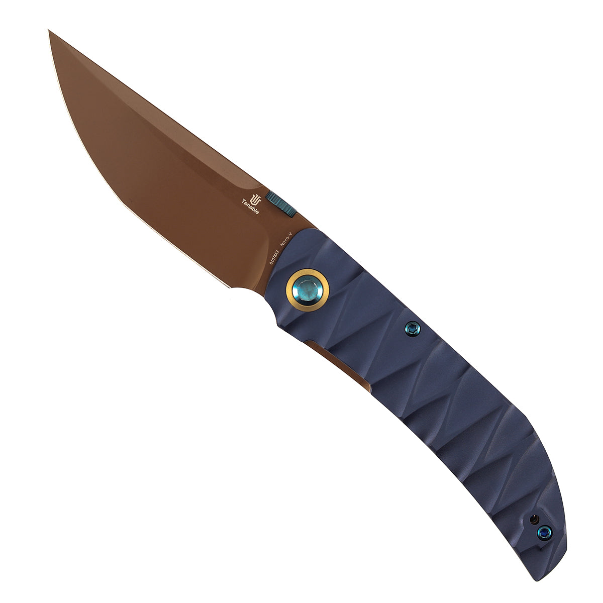 Tenable Tarkin Liner Knife | 3.4" Rose Gold Nitro-V | Blue Aluminum with Faceted Wave Texture Handle | Matthew Christensen Design | B1078A2 - Image 3