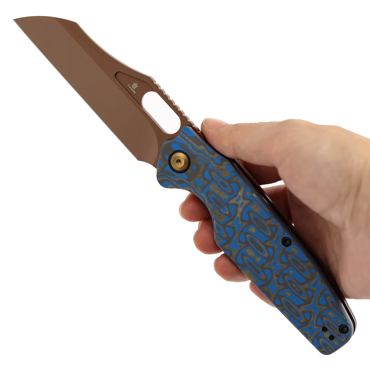 Tenable Tuckamore Folding Knife | 3.54" Rose Gold Nitro V | Blue & Yellow Vortex Micarta | Jonathan Styles Design - B1052A3 - Image 10
